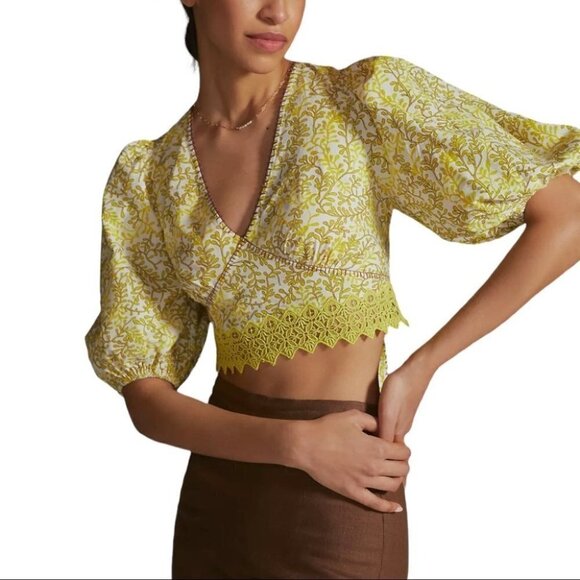 𝅺anthropologie Let Me Be Lace Inset Crop Blouse - Picture 1 of 7